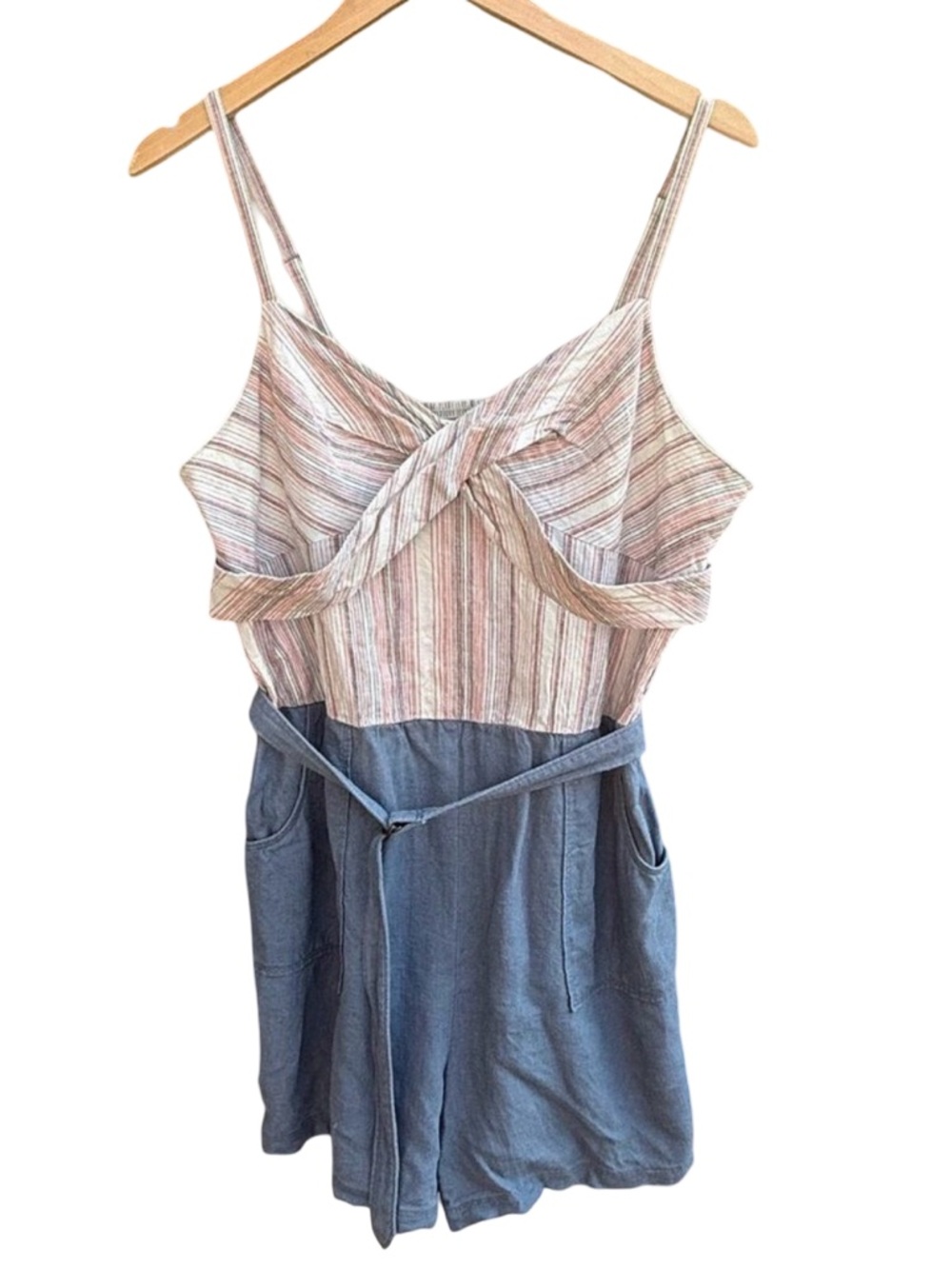 Anthropologie Lilka Poolside Linen Blend Romper in Blue & Multi-stripe | Large